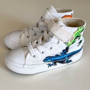 Converse Kids White Sneakers Blue and Green Leapin’Lizard Design